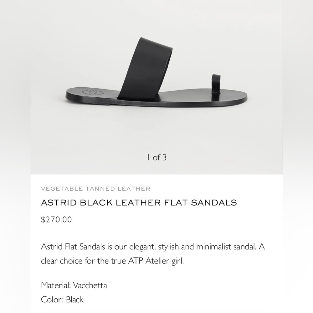 ATP Astrid Black Leather Flat Sandal Size 41/10
